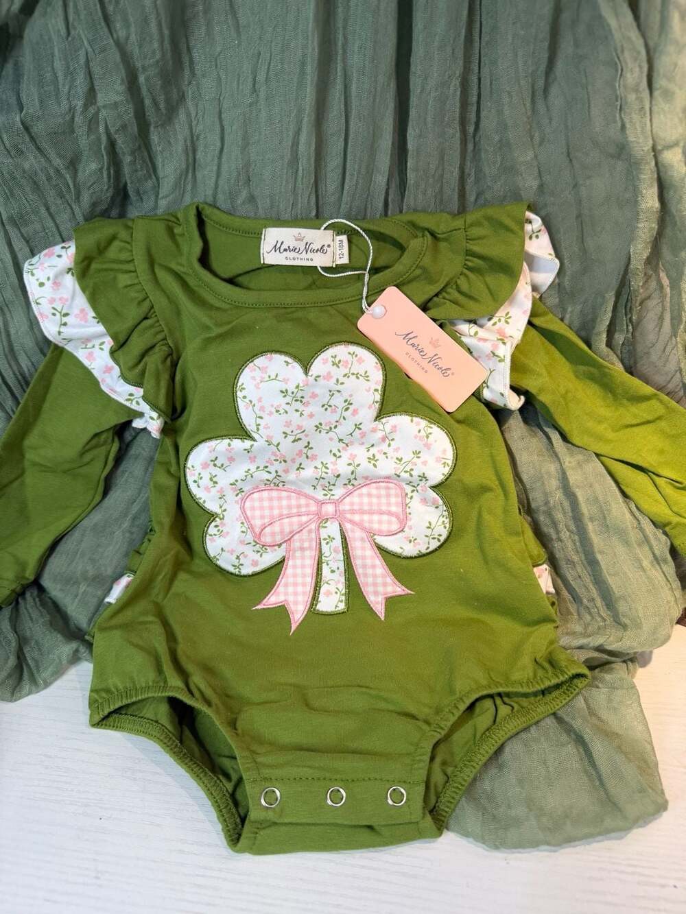 Marie Nicole Clothing Bow Blessings Shamrock Embroidered Ruffle Romper